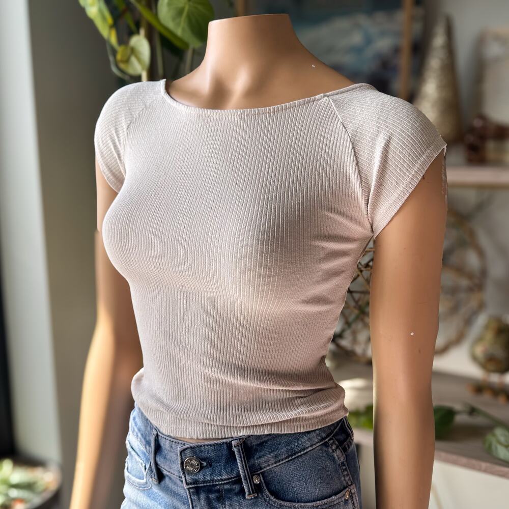 Aerie Ribbed Open Back Fitted T-Shirt Empire Cream Clean Girl Minimalist - XS - Picture 4 of 11